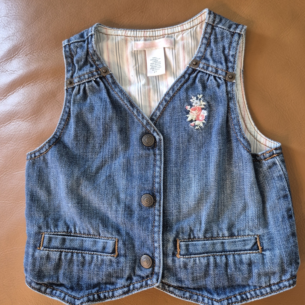 Janie and Jack Blue Denim Vest with Floral Embroidery